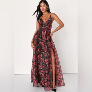Lulus Dreamy Elegance Black Floral Print Organza Backless Maxi Dress NWT